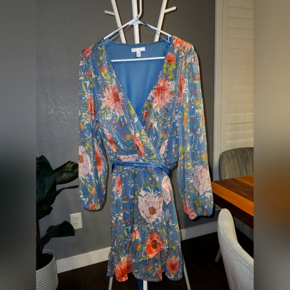 Brand new Lauren Conrad sequin dress! Blue with pink floral, size XL
